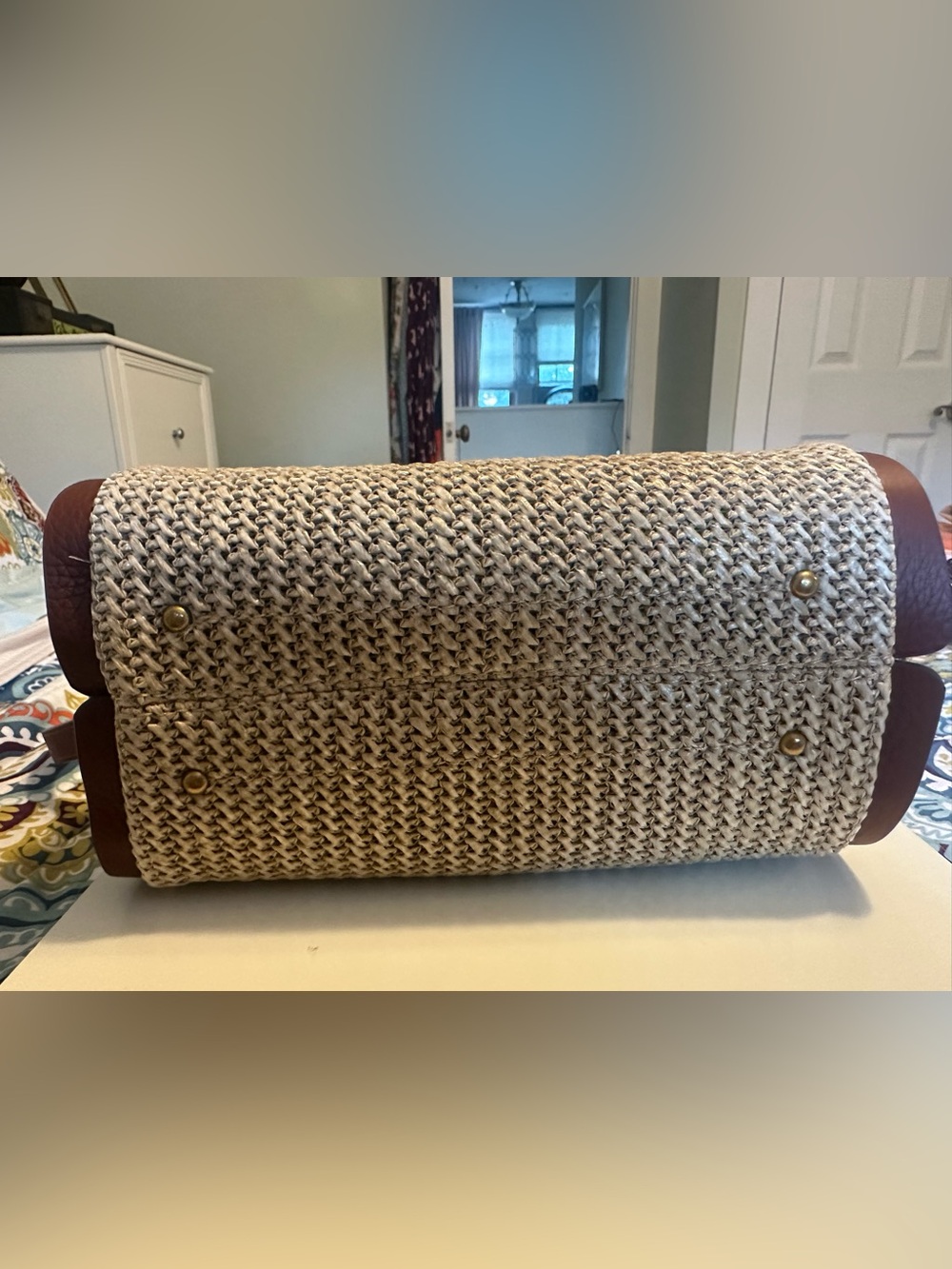 American Leather Co. Triple Entry Raffia & Leather Satchel Handbag Purse - Picture 5 of 9
